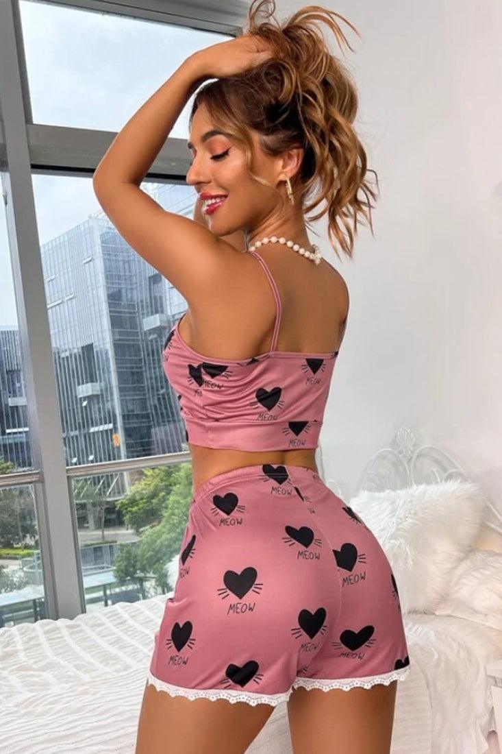 Pink Heart Print Cami Shorts 2Pc Lingerie Sexy Pajamas Set - AMIClubwear