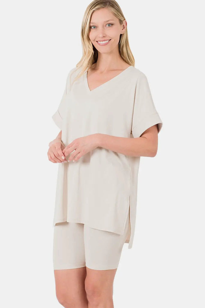 Zenana Full Size V-Neck Short Sleeve Slit T-Shirt and Shorts Set
