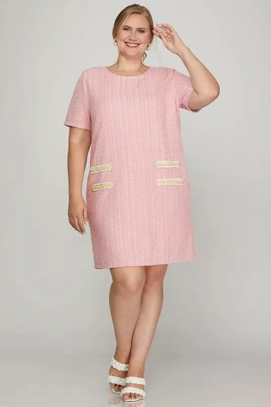 She + Sky Full Size Short Sleeve Pearl Studded Trim Knit Tweed Dress Plus Size