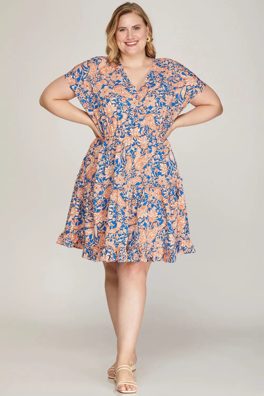She + Sky Full Size Ruffled Hem Printed Surplice Kimono Sleeve Mini Dress Plus Size
