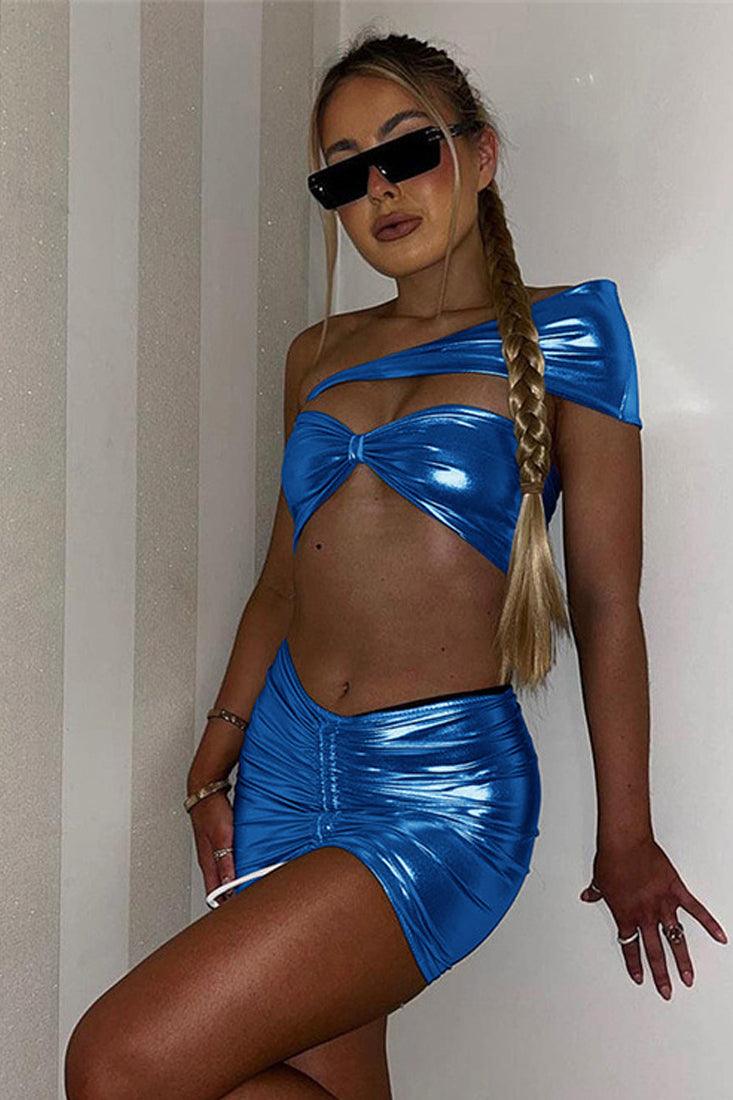 Blue Metallic One Shoulder Cut Out Ruched Butt 2 Pc Sexy Dress - AMIClubwear