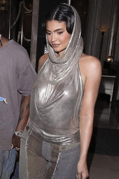 Silver Metallic Halter Hooded Backless Chain Party Club Top - AMIClubwear