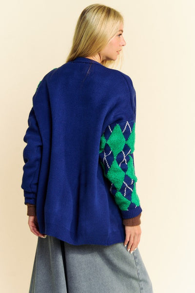 Davi & Dani Argyle V-Neck Dropped Shoulder Cardigan