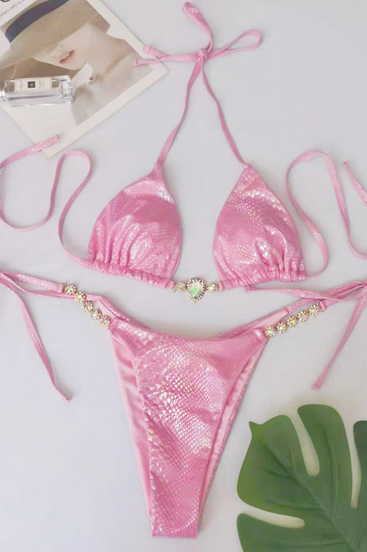 Pink Snake Rhinestone Halter Ultra Sexy Ruched Cheeky 2 Pc Swimsuit