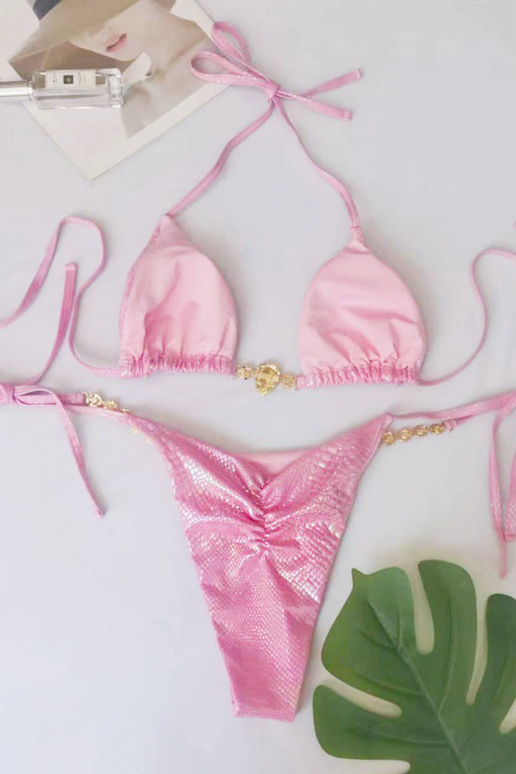 Pink Snake Rhinestone Halter Ultra Sexy Ruched Cheeky 2 Pc Swimsuit