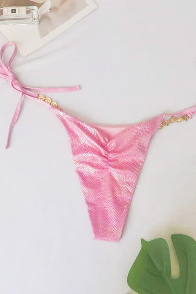 Pink Snake Rhinestone Halter Ultra Sexy Ruched Cheeky 2 Pc Swimsuit