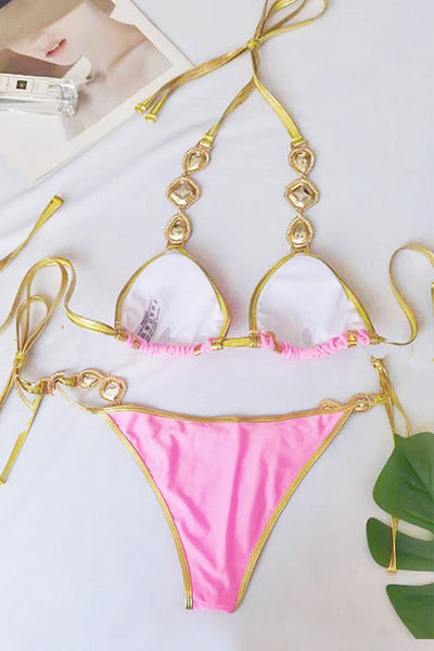 Pink Gold Trim Rhinestone Gem Sexy 2Pc Swimsuit Bikini