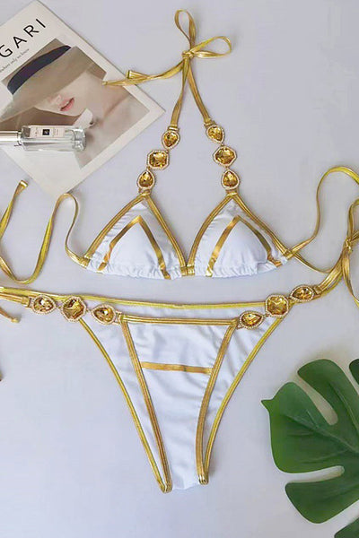 White Gold Trim Rhinestone Gem Sexy 2Pc Swimsuit Bikini