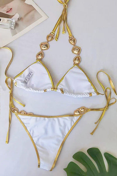 White Gold Trim Rhinestone Gem Sexy 2Pc Swimsuit Bikini