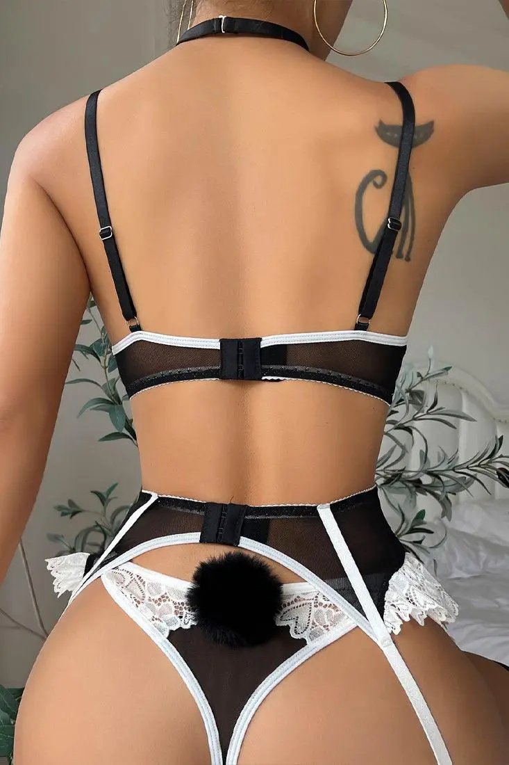 Black White Mesh Lace Bra Garter Thong Choker 5Pc Lingerie Set W669