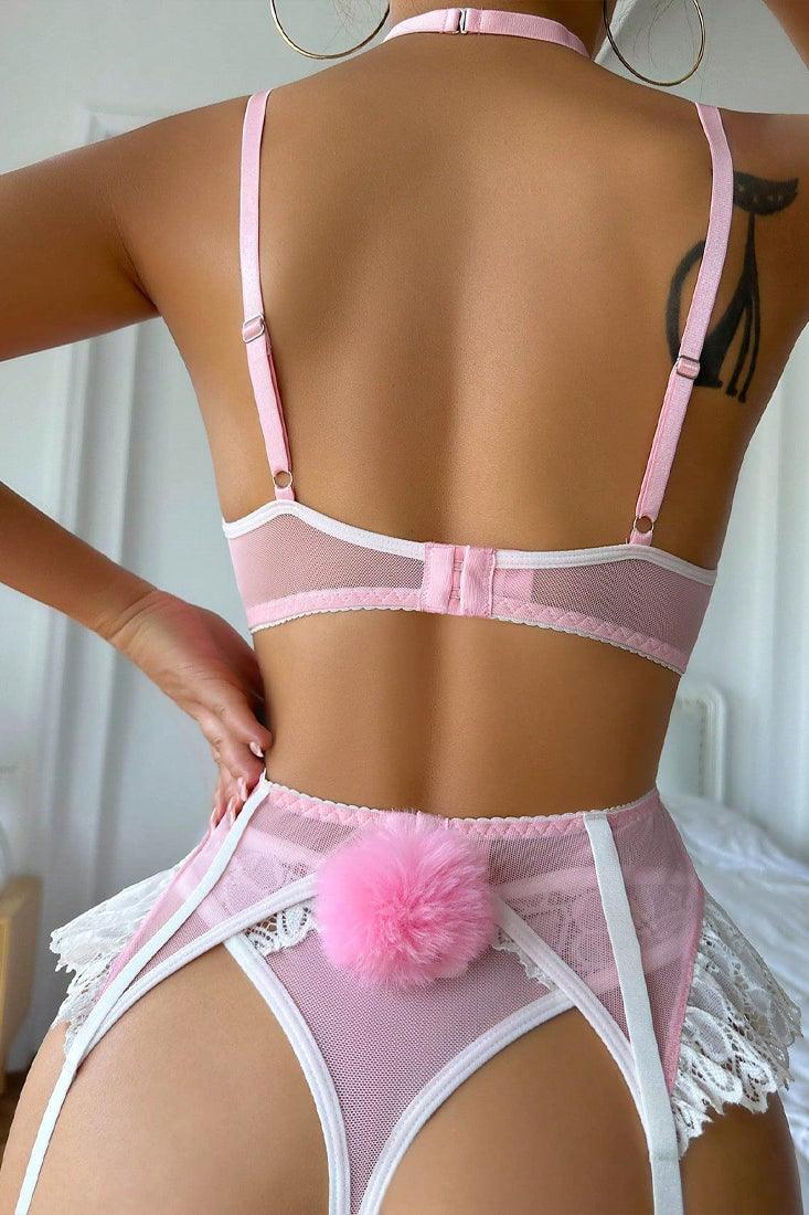 Pink White Mesh Lace Bra Garter Thong Choker 5Pc Lingerie Set - AMIClubwear