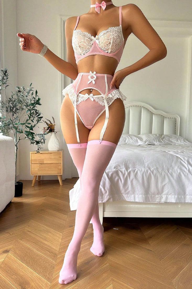 Pink White Mesh Lace Bra Garter Thong Choker 5Pc Lingerie Set - AMIClubwear