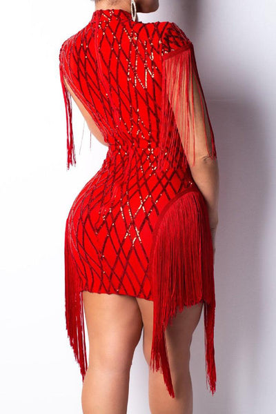 Red Sequin Mesh Fringe Sexy Mini Party Dress - AMIClubwear