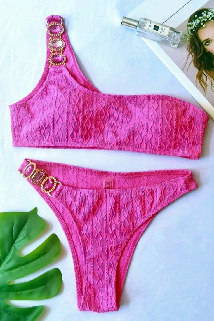 Pink Rhinestone Gem One Shoulder 2Pc Bikini Sexy Swimsuit Set