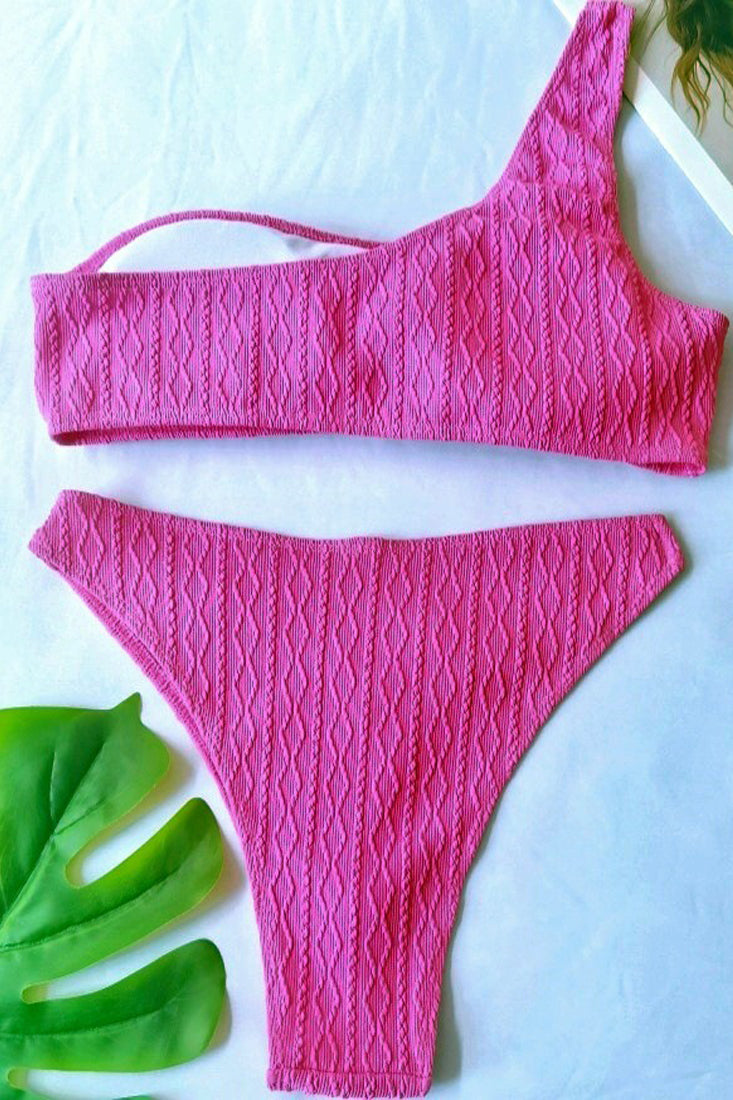 Pink Rhinestone Gem One Shoulder 2Pc Bikini Sexy Swimsuit Set