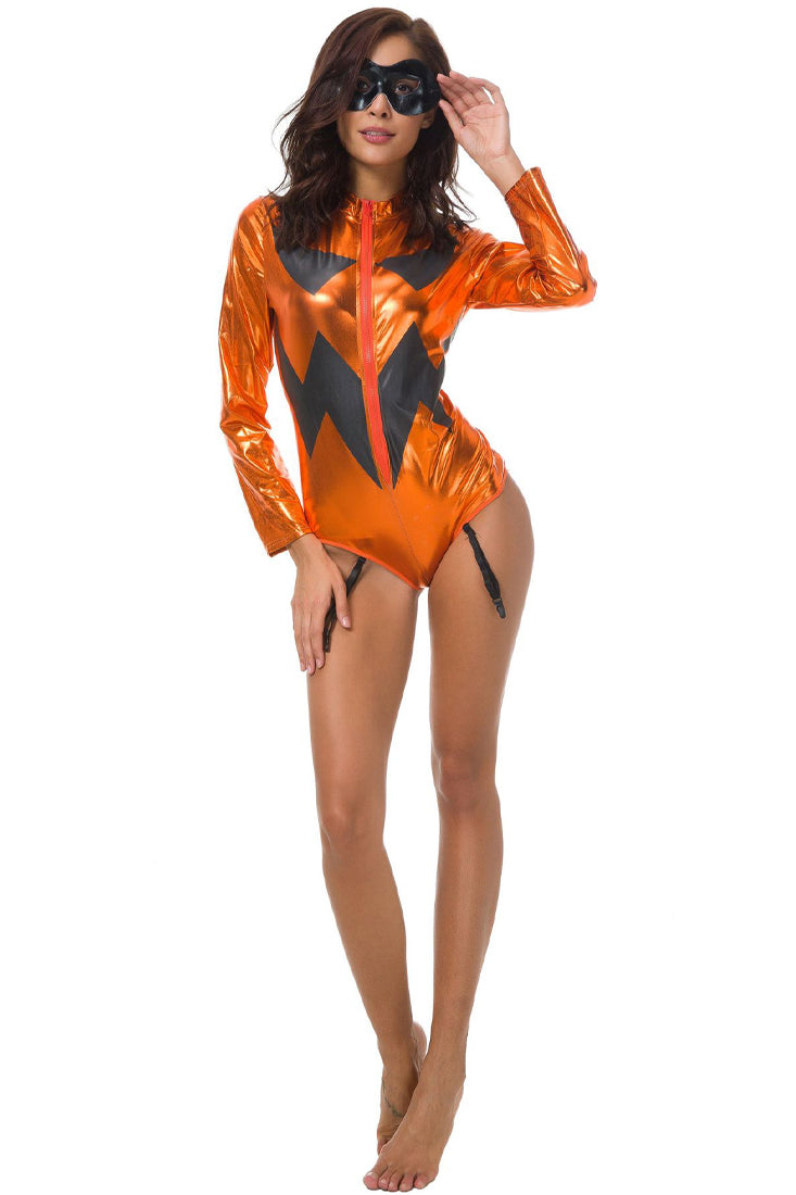 Orange Metallic Zipper Sexy Pumpkin Jack-O-Lantern Garter Costume