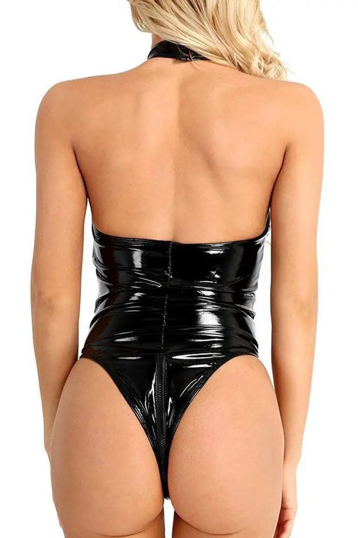 Black Faux Leather Netted Strappy Zipper Crotchless Sexy Lingerie