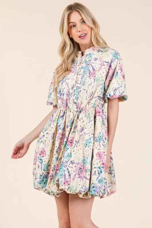 GeeGee Floral Eyelet Lace Puff Sleeve Mini Shirt Dress