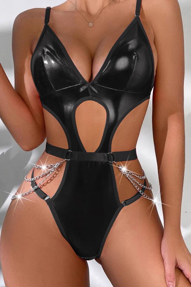 Black Shiny Bandage Chain Cut-Out Sexy Teddy Lingerie Bodysuit - AMIClubwear