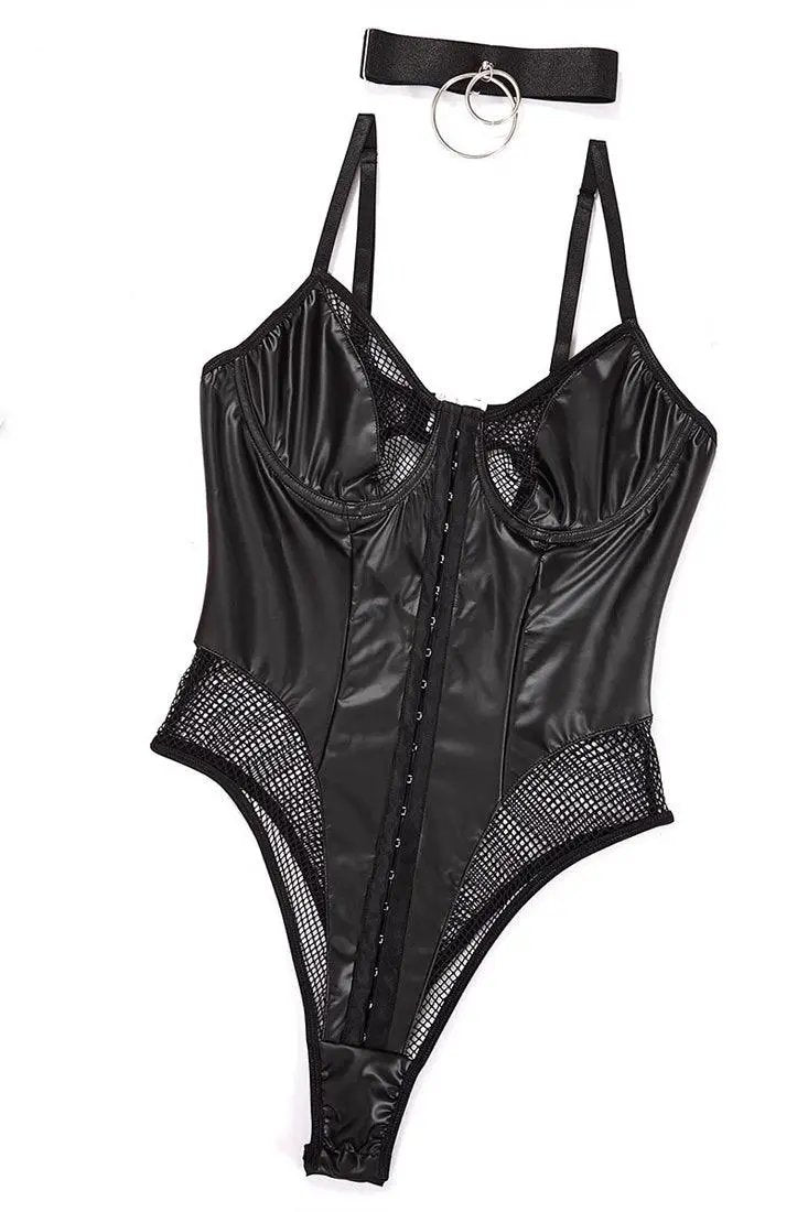 Black Faux Fur Hooks Netted Choker Thong Sexy Lingerie Bodysuit