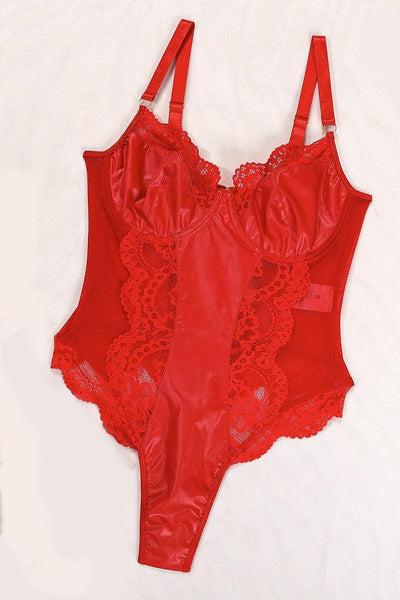 Red Faux Leather Lace Sides Sexy Thong Lingerie Bodysuit - AMIClubwear