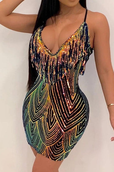 Black Mermaid Holographic Sleeveless Fringe Sequins Party Dress - AMIClubwear