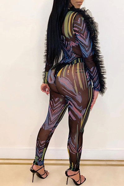 Multi Printed Black Ruffle Sheer Mesh Long sleeve Bodysuit Pants 2 Pc Outfit - AMIClubwear