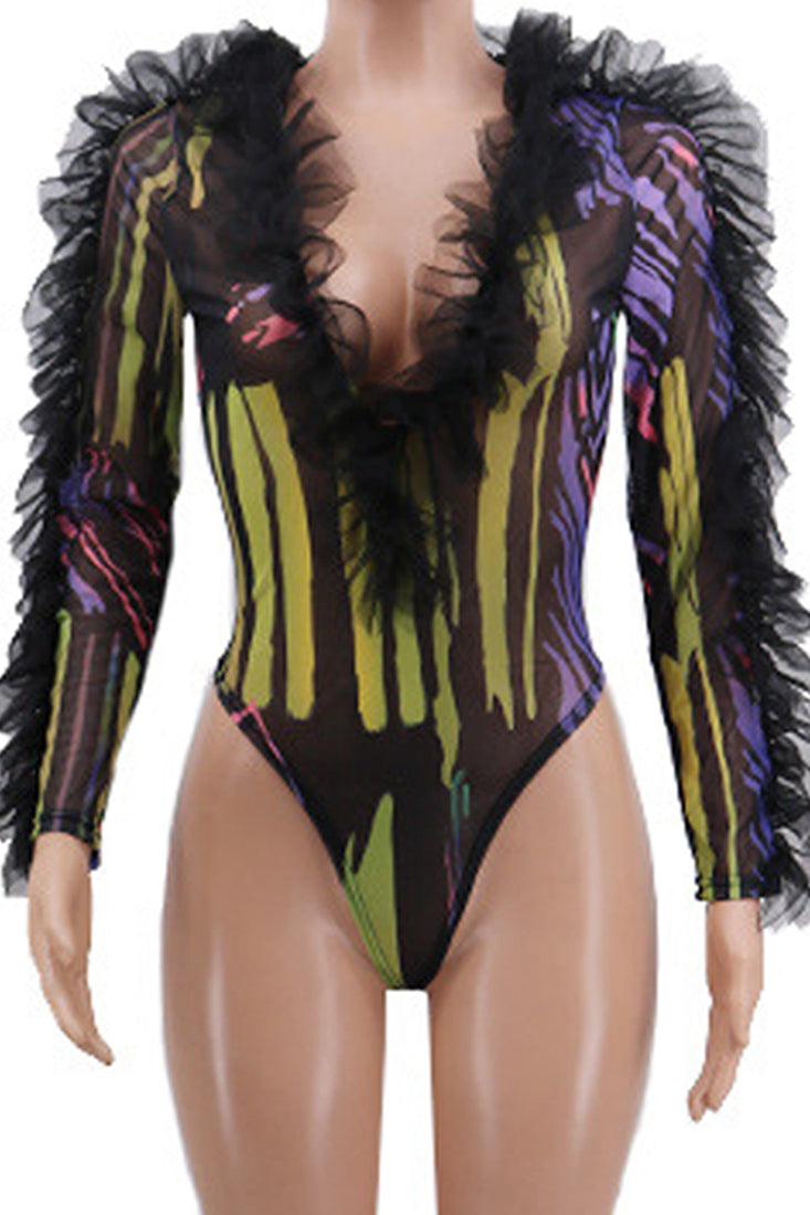 Multi Printed Black Ruffle Sheer Mesh Long sleeve Bodysuit Pants 2 Pc Outfit - AMIClubwear