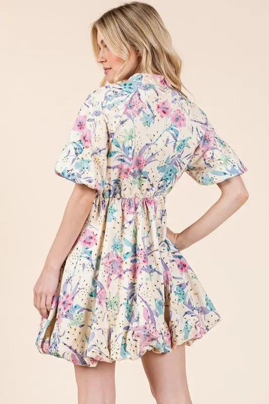 GeeGee Floral Eyelet Lace Puff Sleeve Mini Shirt Dress