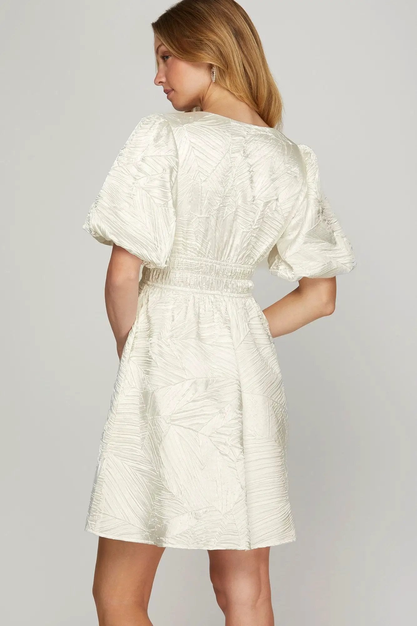 She + Sky Crinkle Woven V-Neck Balloon Sleeve Mini Dress