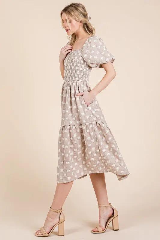 GeeGee Floral Embroidered Smocked Puff Sleeve Tiered Midi Dress