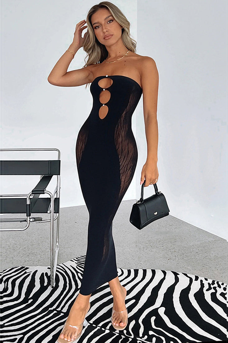 Black Rhinestone Button Strapless Cut-Out Mesh Sexy Midi Party Dress