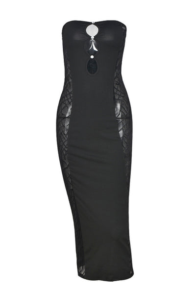 Black Rhinestone Button Strapless Cut-Out Mesh Sexy Midi Party Dress