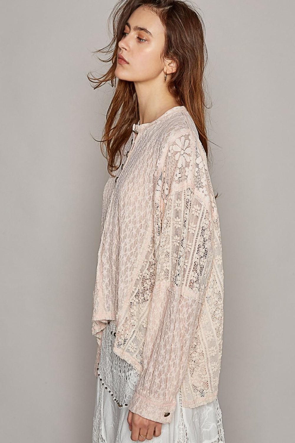 POL Round Neck Long Sleeve Raw Edge Lace Top - AMIClubwear