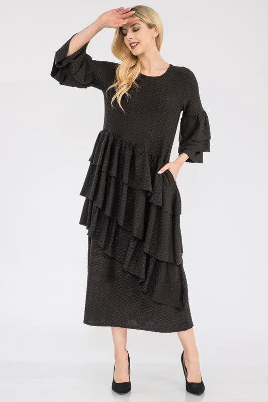 Celeste Full Size Honey Comb Asymmetrical Ruffle Midi Dress Plus Size