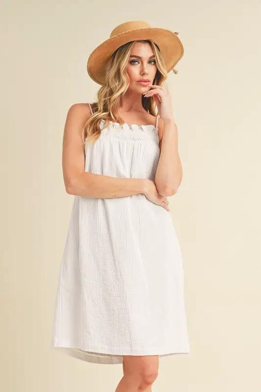 Aemi + Co Embroidered Trim Gauze Square Neck Mini Cami Dress