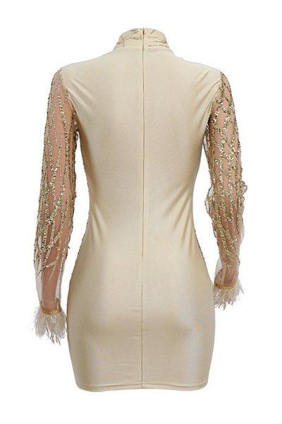 Gold Sequin Glitter Sheer Mesh Long Sleeve Feather Sexy Party Dress - AMIClubwear