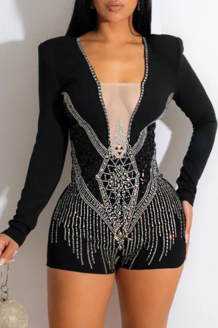 Black Long Sleeves Rhinestone Nude Mesh Plunging Neck Sexy Party Romper - AMIClubwear