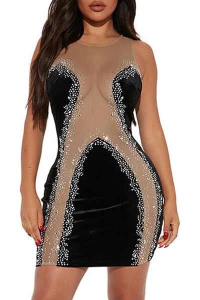 Black Velvet Nude Mesh Rhinestones Contour Sexy Party Dress