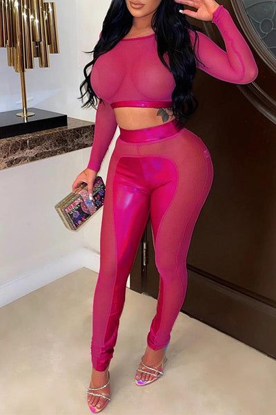 Pink Sheer Mesh MetallicFaux Leather Stretchy Fitted Contour 2Pc Top Pants Outfit Set - AMIClubwear