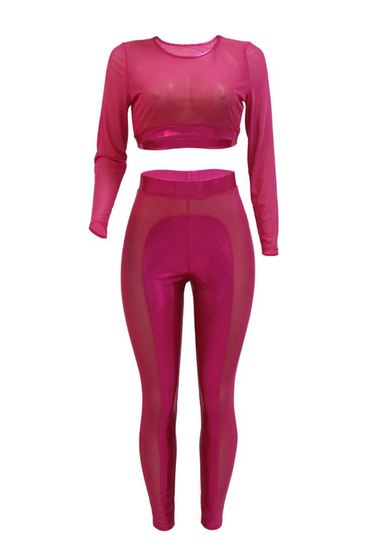 Pink Sheer Mesh MetallicFaux Leather Stretchy Fitted Contour 2Pc Top Pants Outfit Set - AMIClubwear