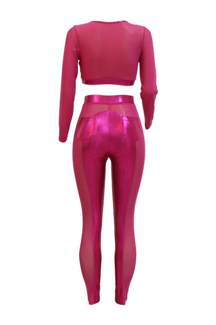 Pink Sheer Mesh MetallicFaux Leather Stretchy Fitted Contour 2Pc Top Pants Outfit Set - AMIClubwear