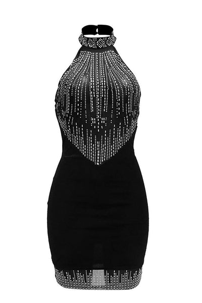 Black Mesh Rhinestone Silky Halter Sexy Party Dress - AMIClubwear