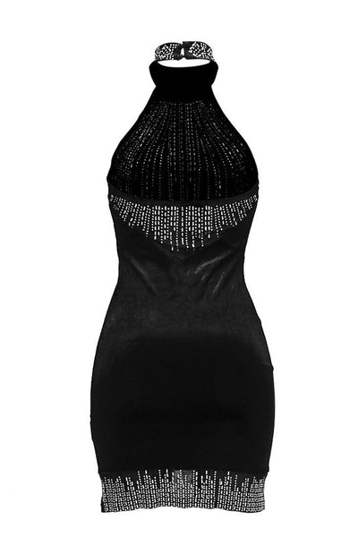 Black Mesh Rhinestone Silky Halter Sexy Party Dress - AMIClubwear