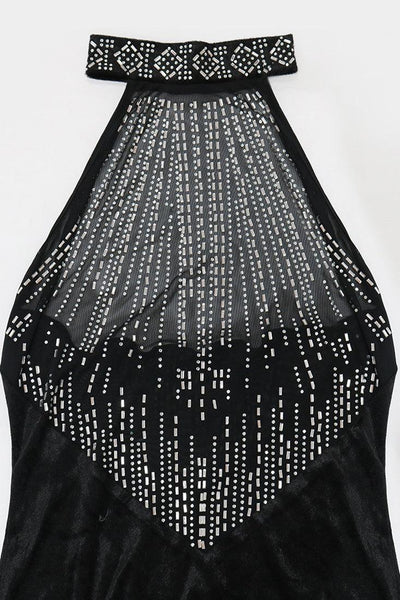 Black Mesh Rhinestone Silky Halter Sexy Party Dress - AMIClubwear