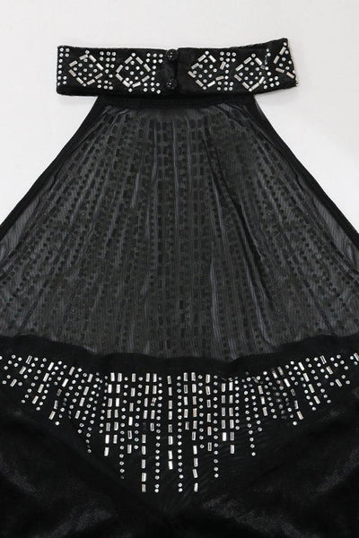 Black Mesh Rhinestone Silky Halter Sexy Party Dress - AMIClubwear