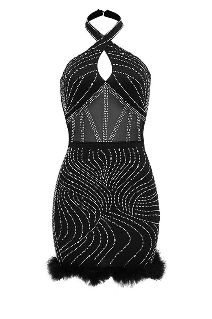 Black Rhinestone Cross Halter Mesh Panel Fur Sexy Party Dress - AMIClubwear