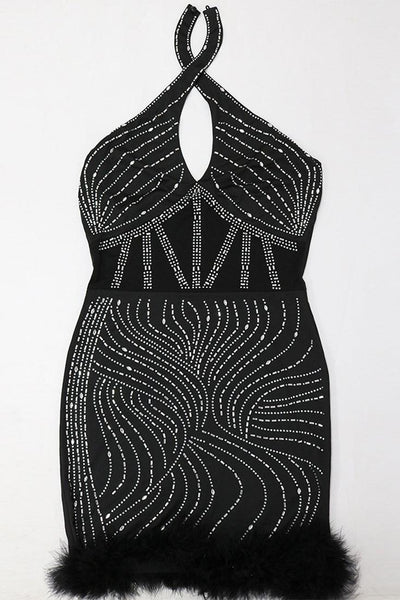 Black Rhinestone Cross Halter Mesh Panel Fur Sexy Party Dress - AMIClubwear