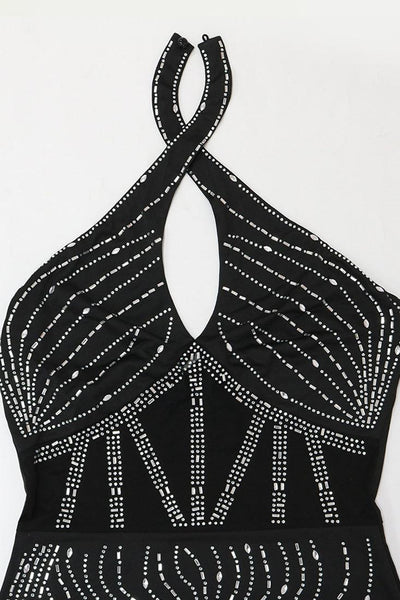 Black Rhinestone Cross Halter Mesh Panel Fur Sexy Party Dress - AMIClubwear