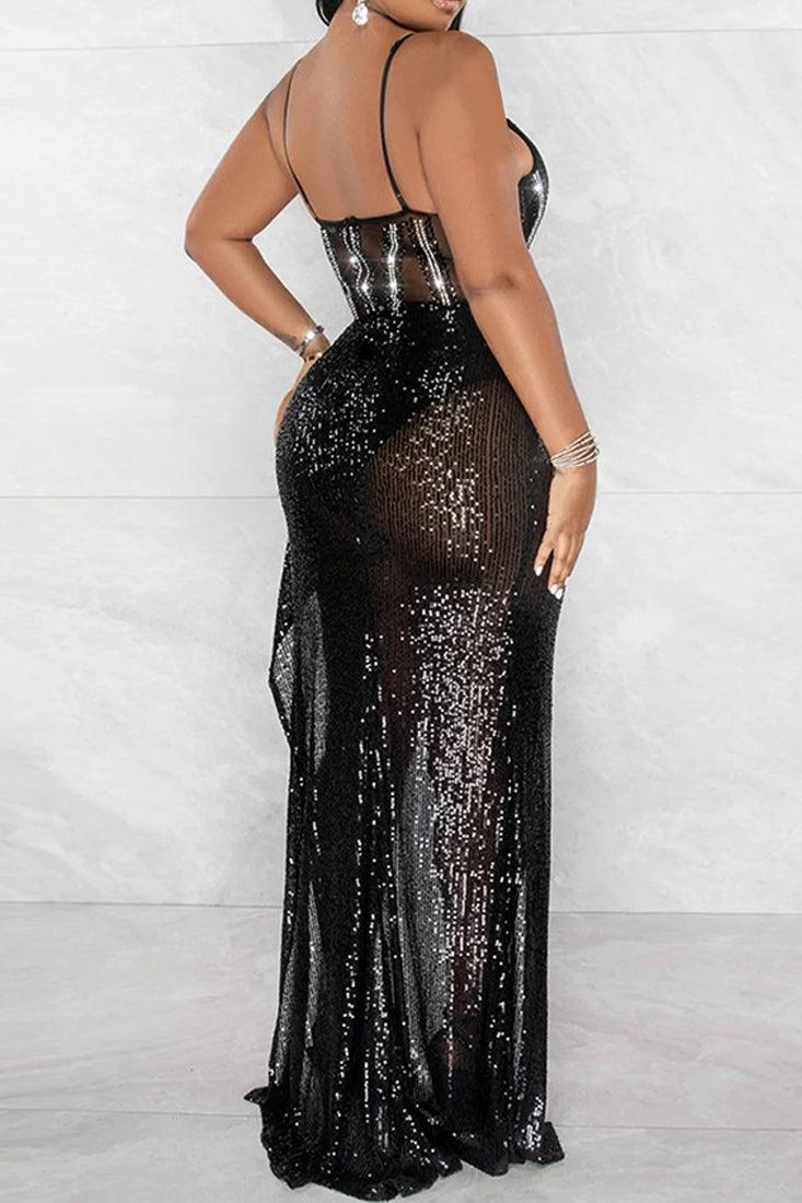 Black Sequin Blk Silver Rhinestones Mesh Full Length High Slit Sexy Full Length Party Dress - AMIClubwear